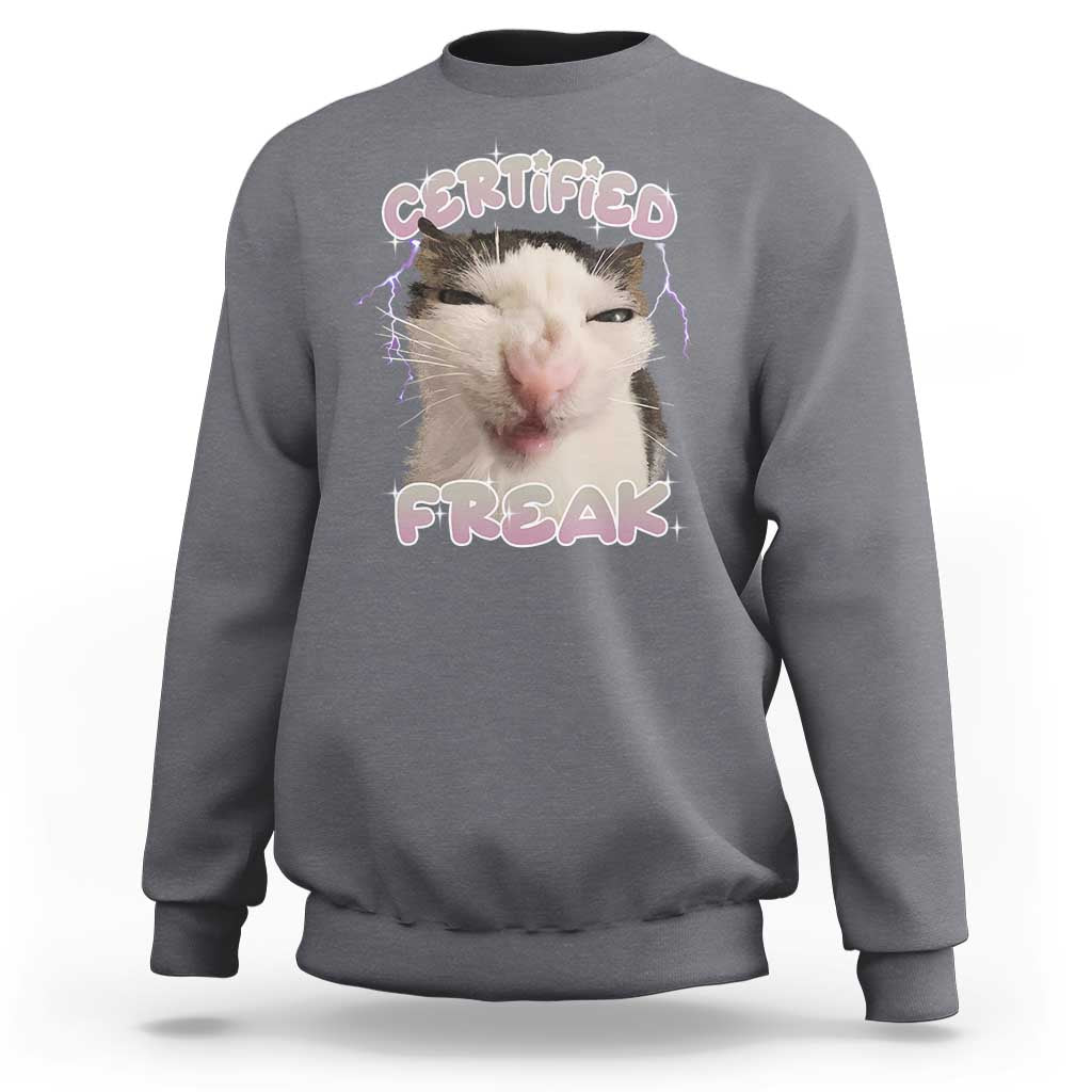 Funny Cat Meme Sweatshirt Certified Freak Eat Cement Cursed Cat - Wonder Print Shop