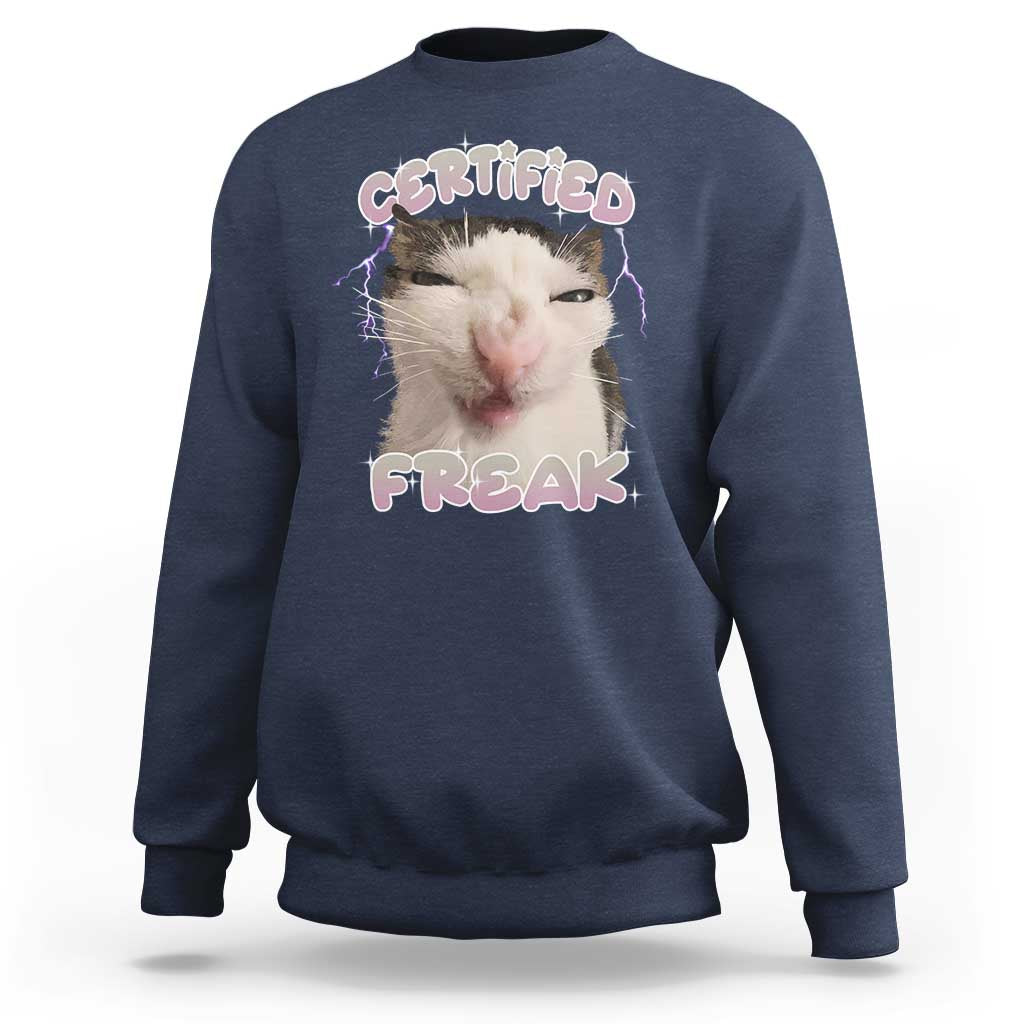 Funny Cat Meme Sweatshirt Certified Freak Eat Cement Cursed Cat - Wonder Print Shop