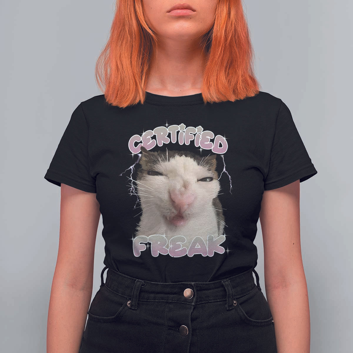 Funny Cat Meme T Shirt For Women Certified Freak Eat Cement Cursed Cat - Wonder Print Shop