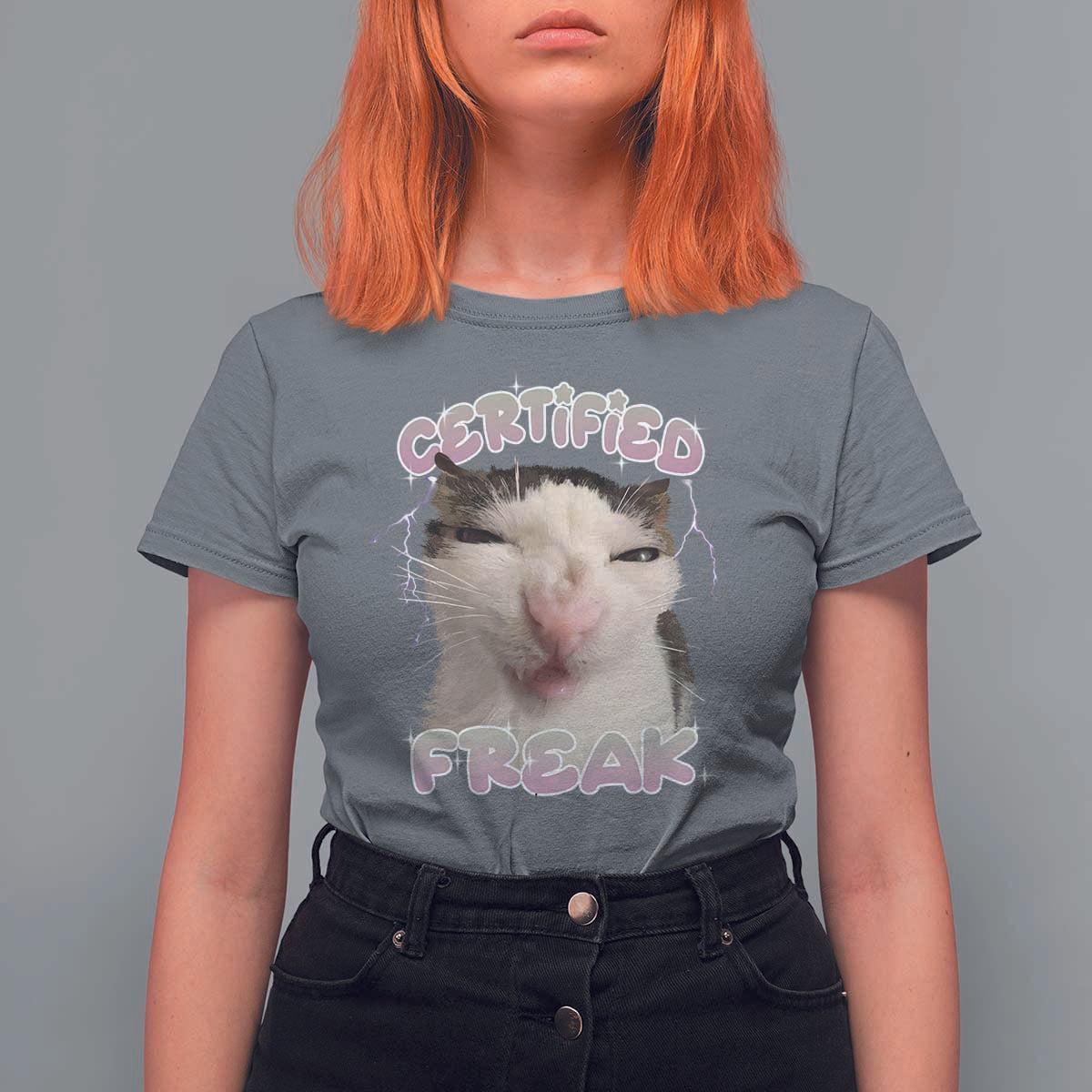 Funny Cat Meme T Shirt For Women Certified Freak Eat Cement Cursed Cat - Wonder Print Shop