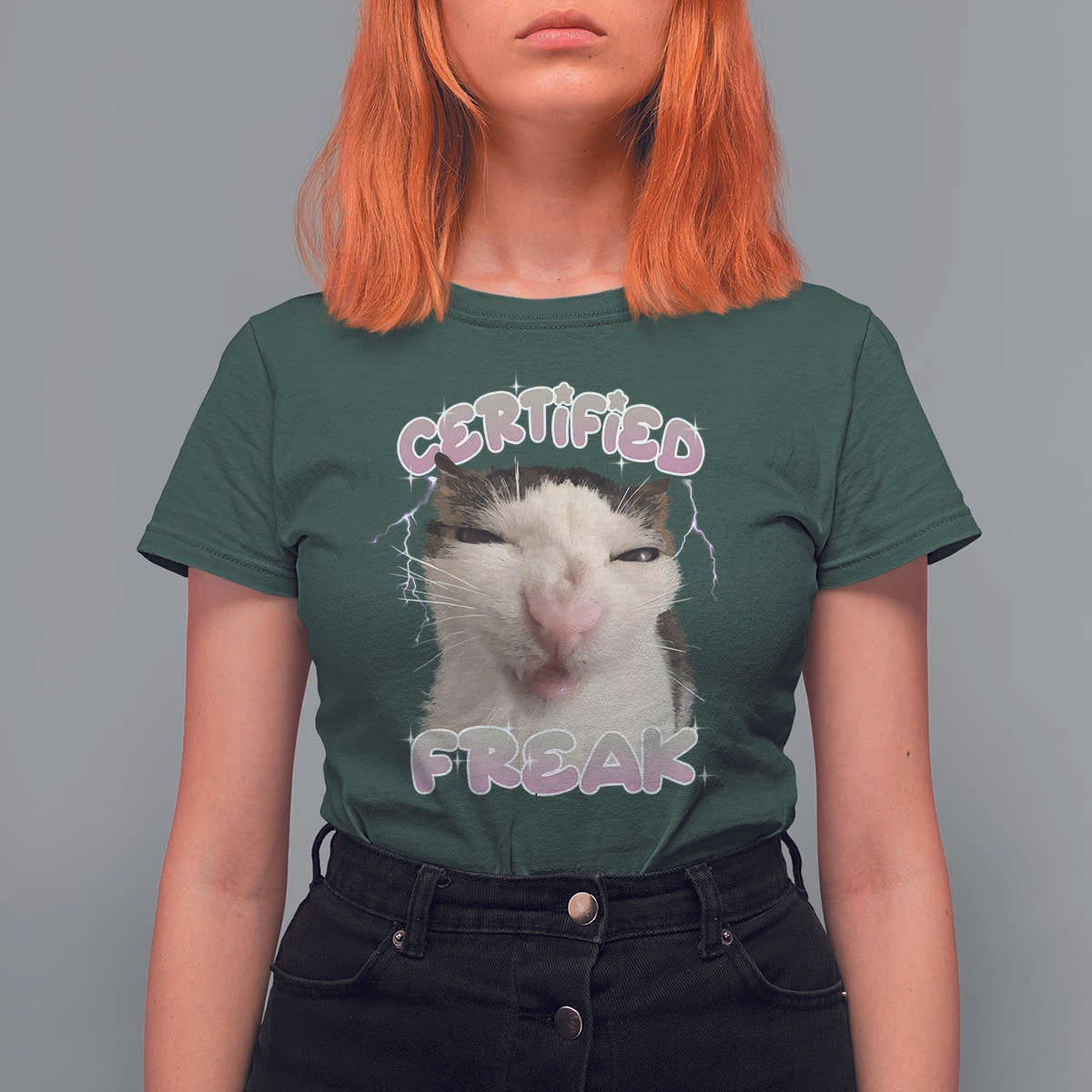 Funny Cat Meme T Shirt For Women Certified Freak Eat Cement Cursed Cat - Wonder Print Shop