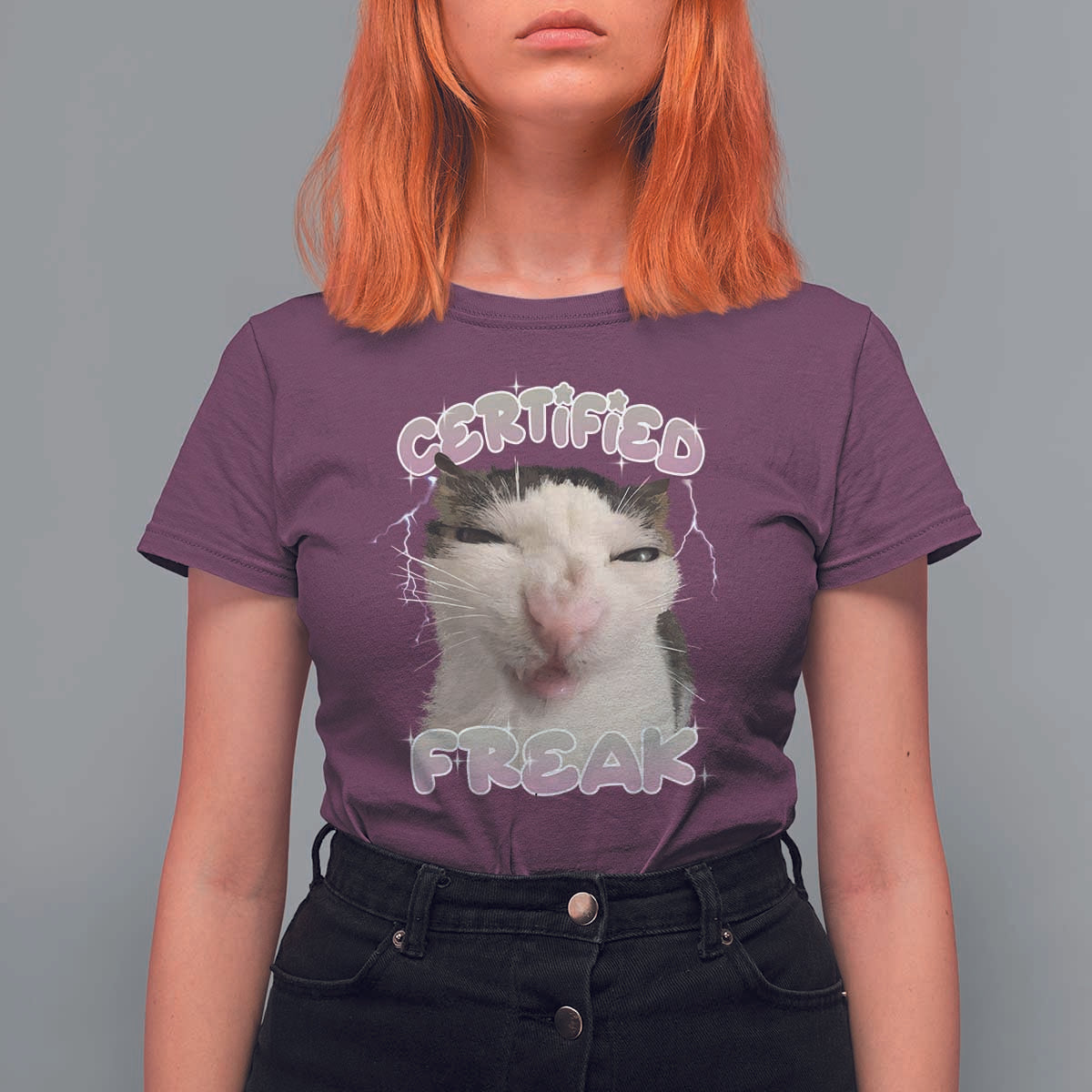 Funny Cat Meme T Shirt For Women Certified Freak Eat Cement Cursed Cat - Wonder Print Shop