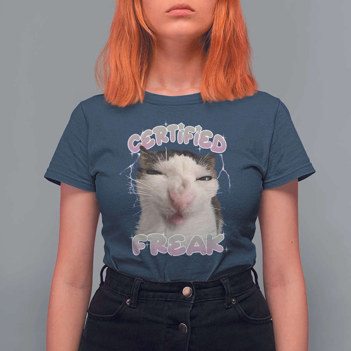 Funny Cat Meme T Shirt For Women Certified Freak Eat Cement Cursed Cat - Wonder Print Shop