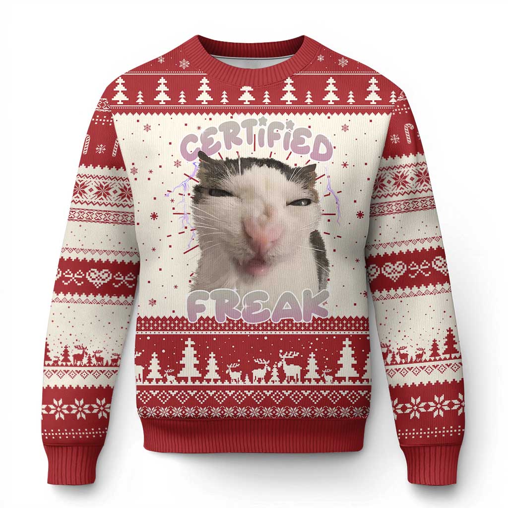 Funny Cat Meme Ugly Christmas Sweater Certified Freak Eat Cement Cursed Cat - Wonder Print Shop