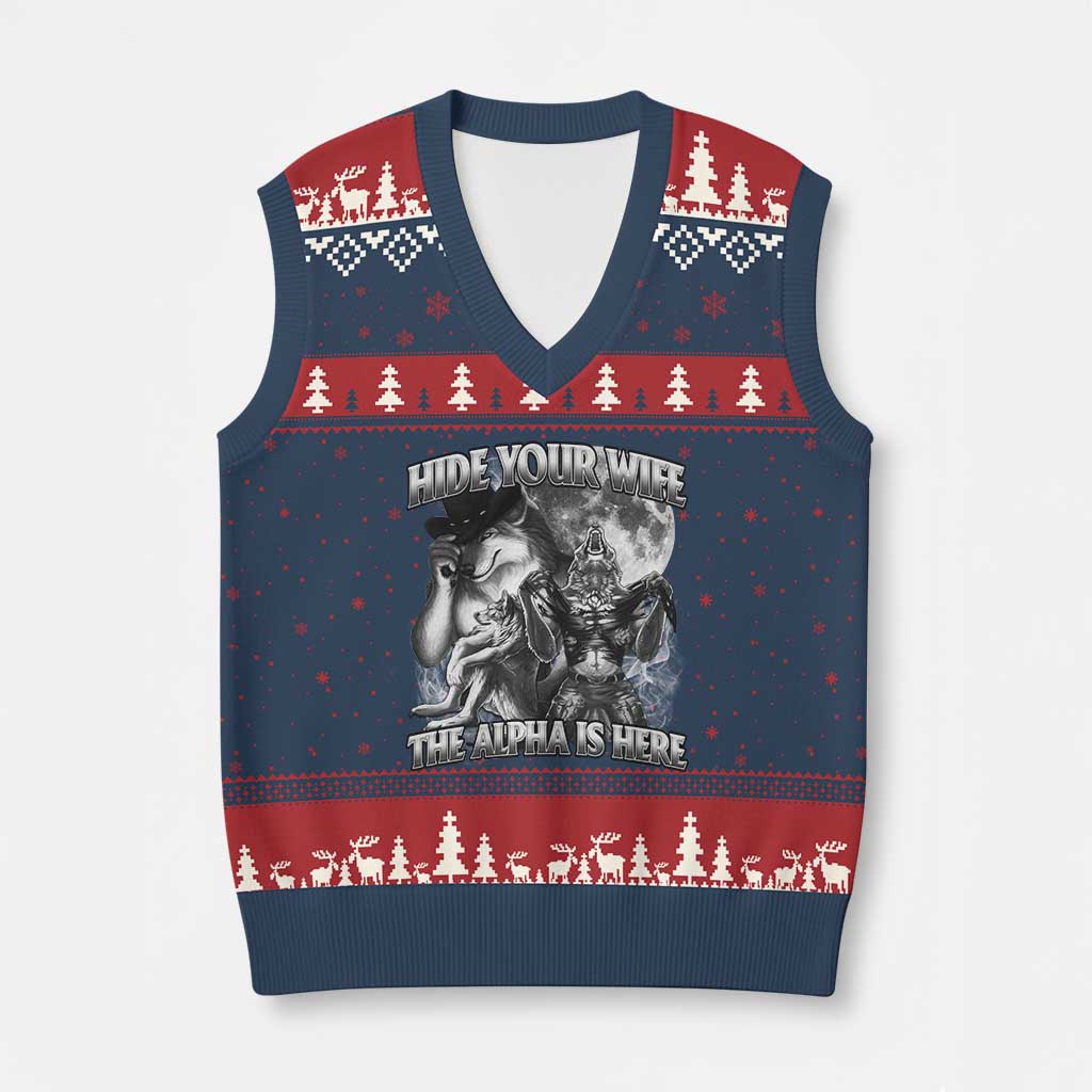 Funny Alpha Wolf Meme V-Neck Knit Sweater Vest Hide Your Wife The Alpha Is Here Humorous Cringe - Wonder Print Shop