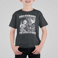 Funny Alpha Wolf Meme T Shirt For Kid Hide Your Wife The Alpha Is Here Humorous Cringe - Wonder Print Shop