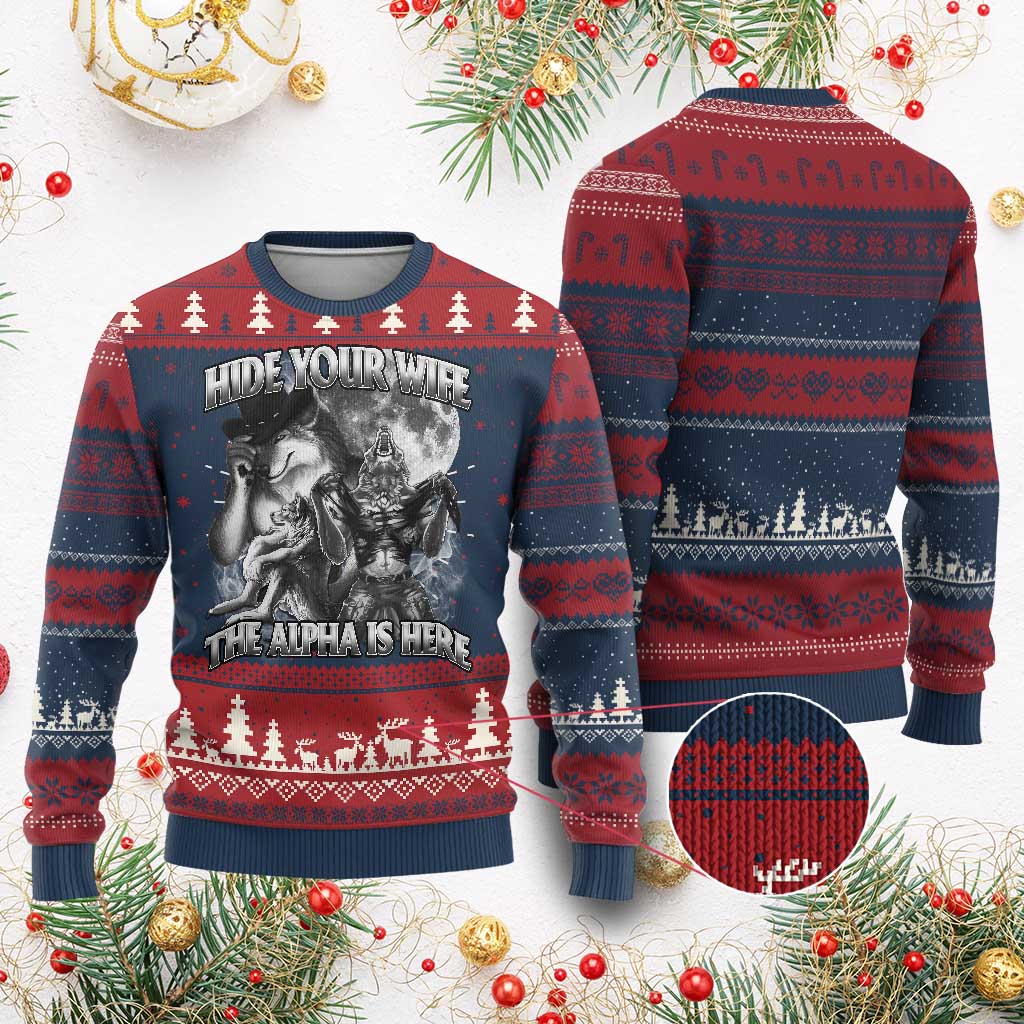 Funny Alpha Wolf Meme Ugly Christmas Sweater Hide Your Wife The Alpha Is Here Humorous Cringe - Wonder Print Shop