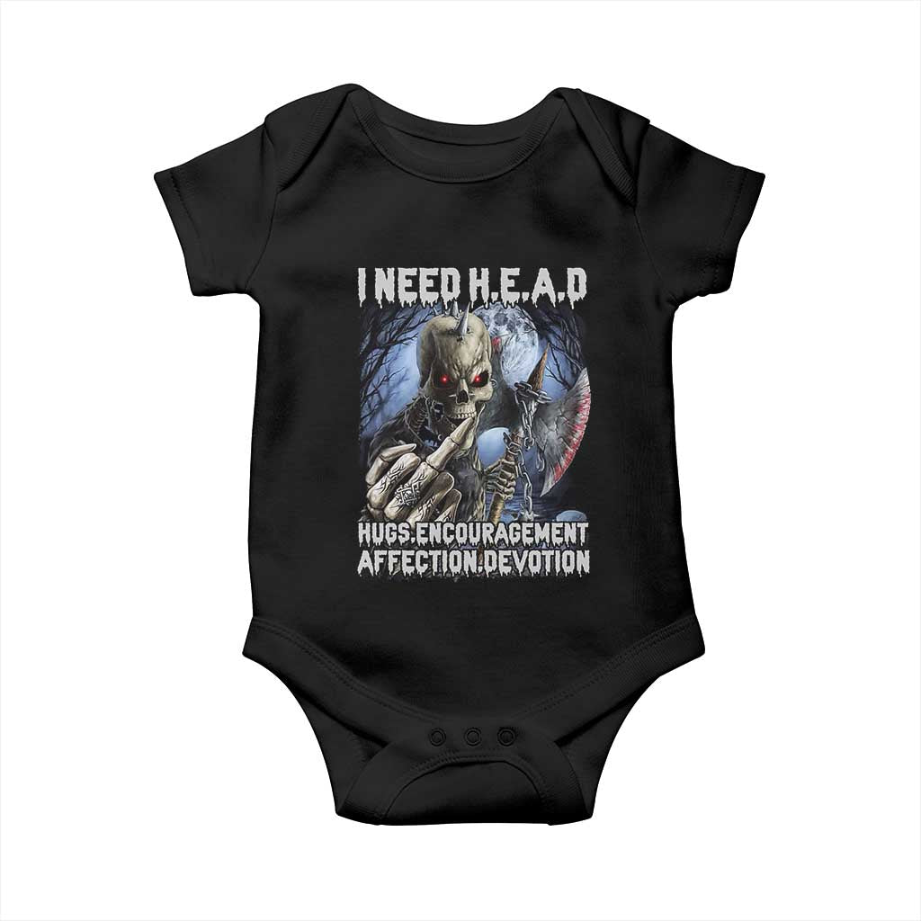 Funny Cringe Hard Skeleton Meme Baby Onesie I Need HEAD Hugs Encouragement Affection Devotion Middle Finger Edgy Hard Cringe