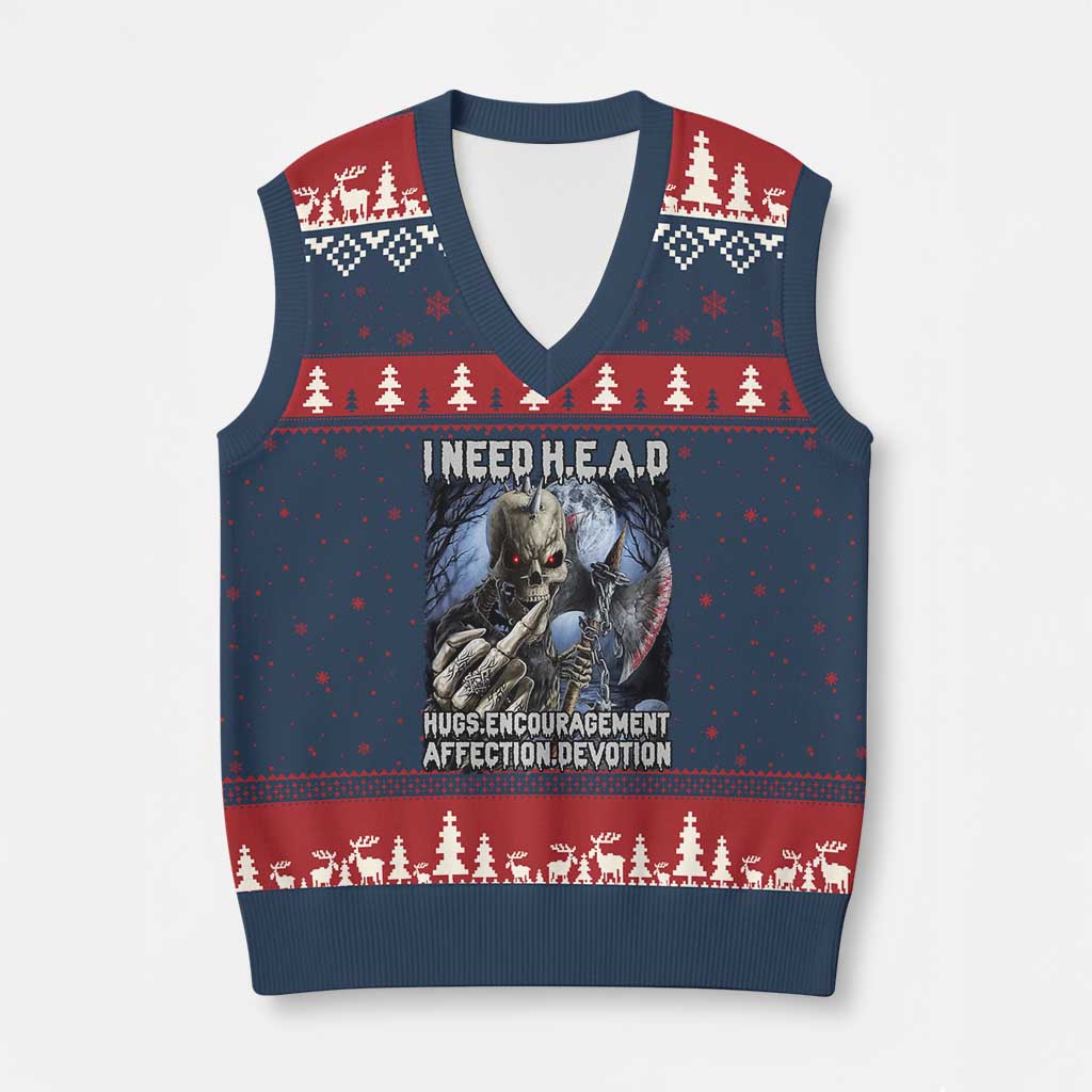 Funny Cringe Hard Skeleton Meme V-Neck Knit Sweater Vest I Need HEAD Hugs Encouragement Affection Devotion Middle Finger Edgy Hard Cringe - Wonder Print Shop