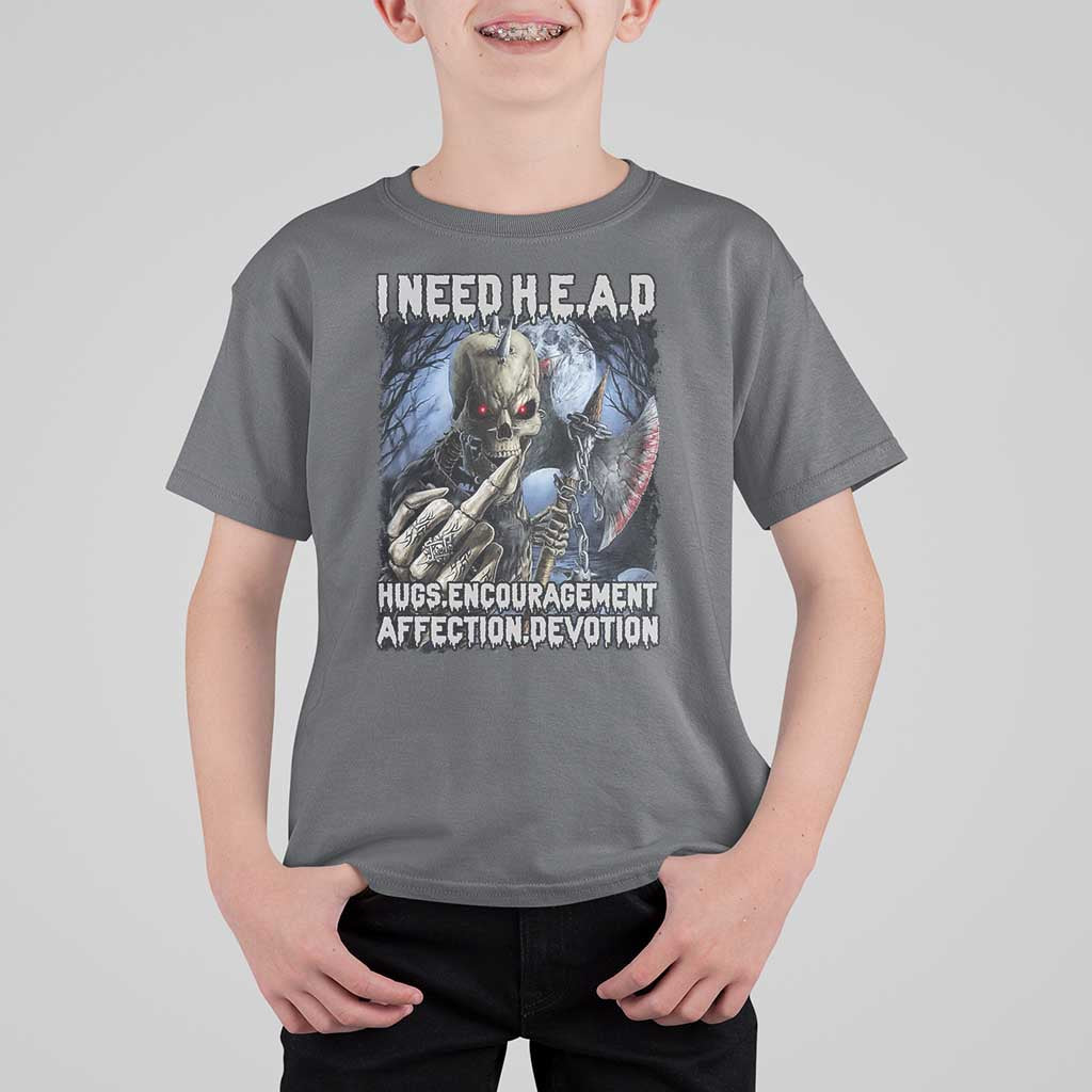 Funny Cringe Hard Skeleton Meme T Shirt For Kid I Need HEAD Hugs Encouragement Affection Devotion Middle Finger Edgy Hard Cringe - Wonder Print Shop
