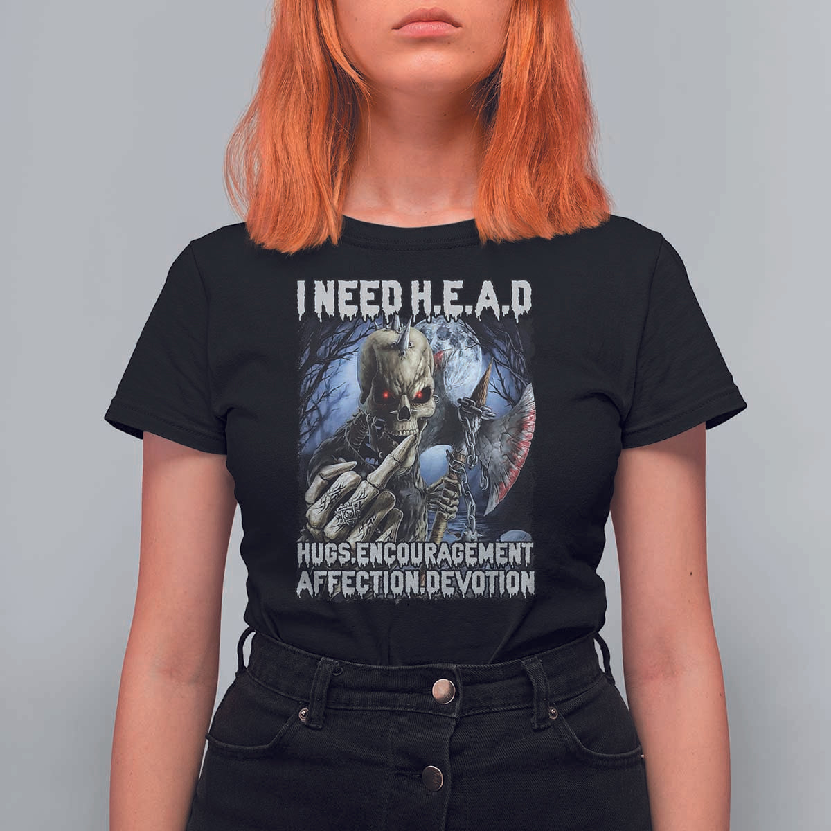 Funny Cringe Hard Skeleton Meme T Shirt For Women I Need HEAD Hugs Encouragement Affection Devotion Middle Finger Edgy Hard Cringe - Wonder Print Shop