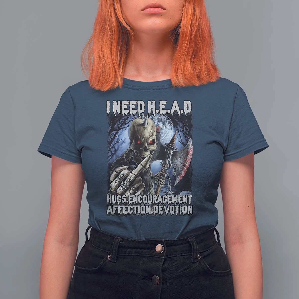 Funny Cringe Hard Skeleton Meme T Shirt For Women I Need HEAD Hugs Encouragement Affection Devotion Middle Finger Edgy Hard Cringe - Wonder Print Shop