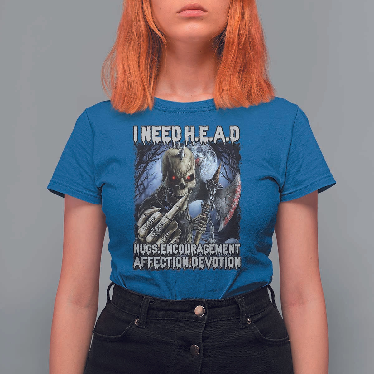 Funny Cringe Hard Skeleton Meme T Shirt For Women I Need HEAD Hugs Encouragement Affection Devotion Middle Finger Edgy Hard Cringe - Wonder Print Shop