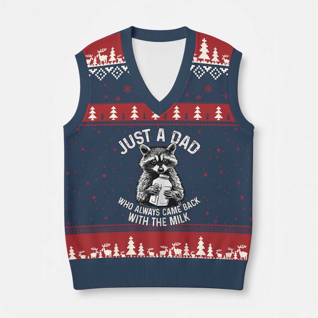 Funny Raccoon Dad Meme V-Neck Knit Sweater Vest Just A Dad Who Always Came Back With The Milk Father Birthday Father's Day - Wonder Print Shop