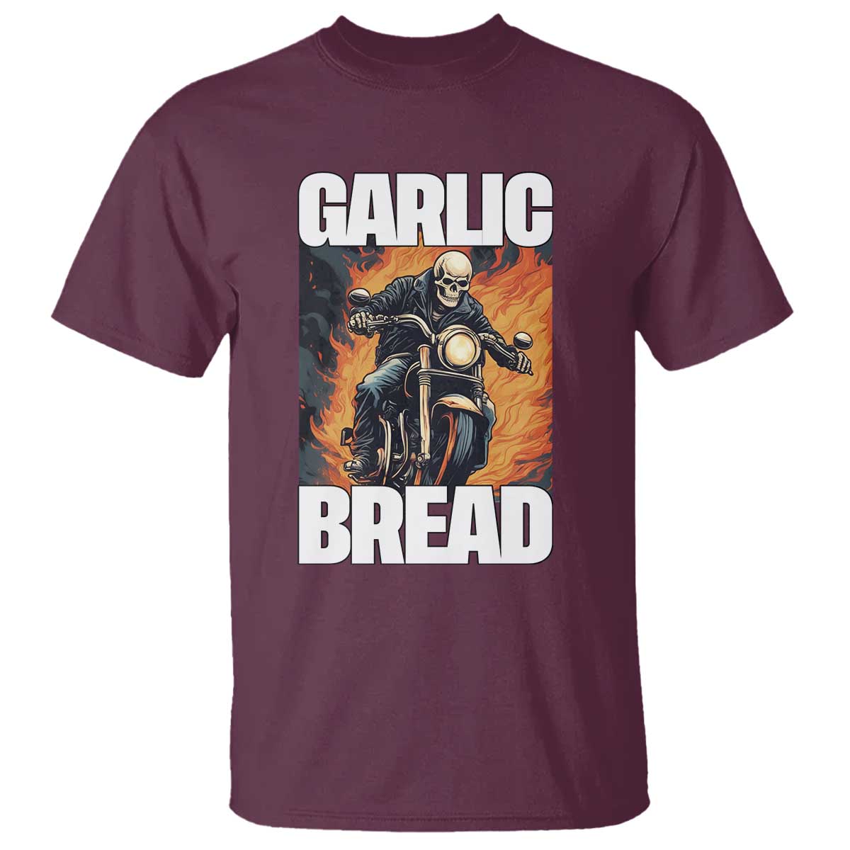 Skeleton Meme T Shirt Garlic Bread Flaming Biker On Fire Funny Edgy Hard Cringe