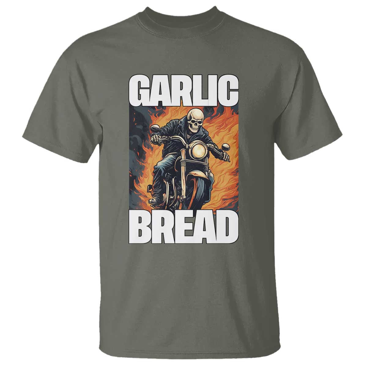Skeleton Meme T Shirt Garlic Bread Flaming Biker On Fire Funny Edgy Hard Cringe