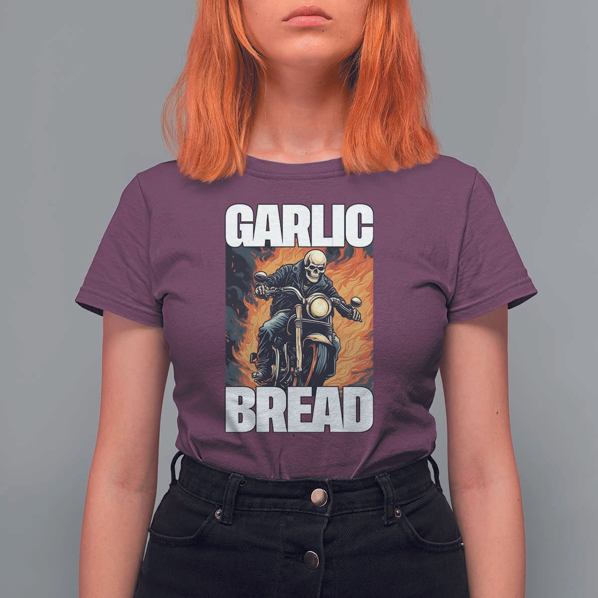 Skeleton Meme T Shirt For Women Garlic Bread Flaming Biker On Fire Funny Edgy Hard Cringe
