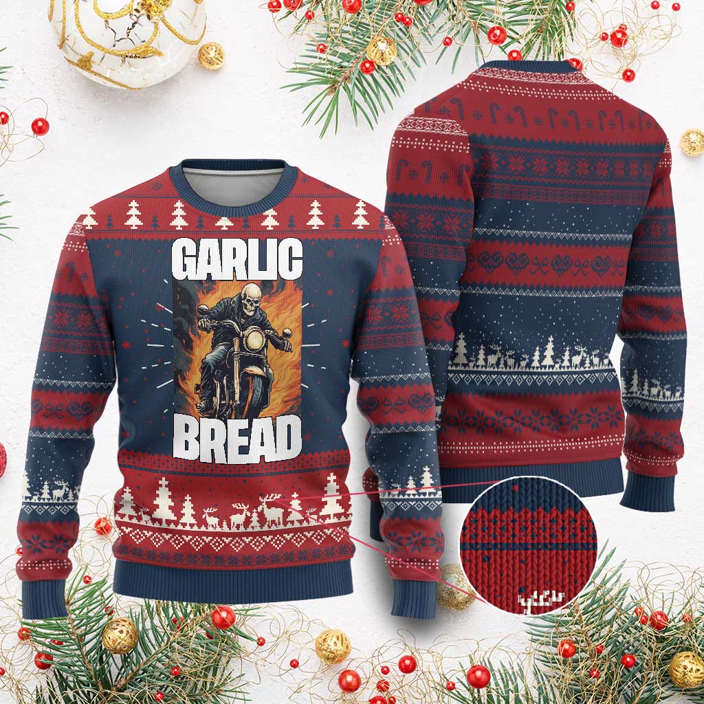 Skeleton Meme Knitted Sweatshirt Garlic Bread Flaming Biker On Fire Funny Edgy Hard Cringe