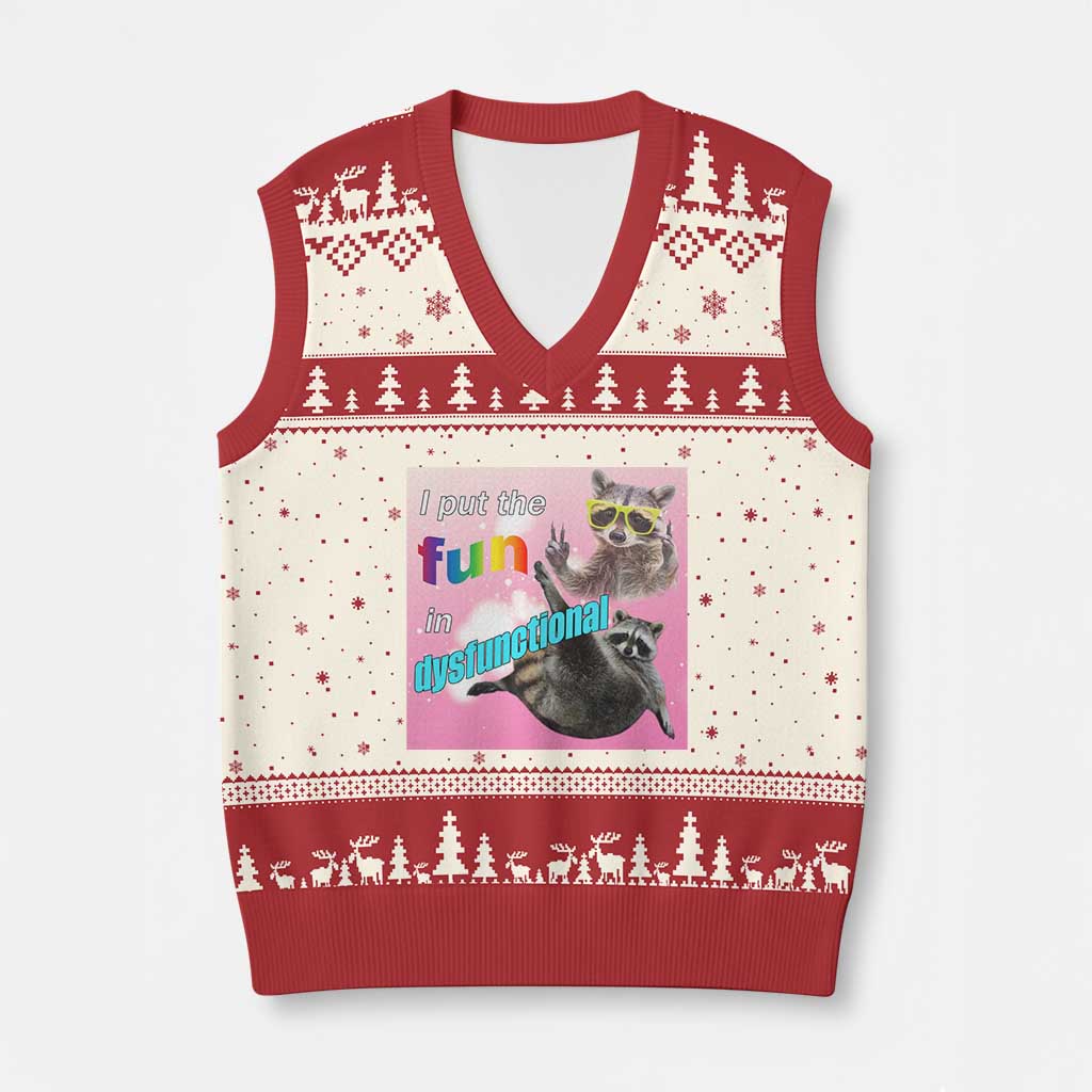 Funny Raccoon Meme V-Neck Knit Sweater Vest I Put The Fun In Dysfunctional - Wonder Print Shop