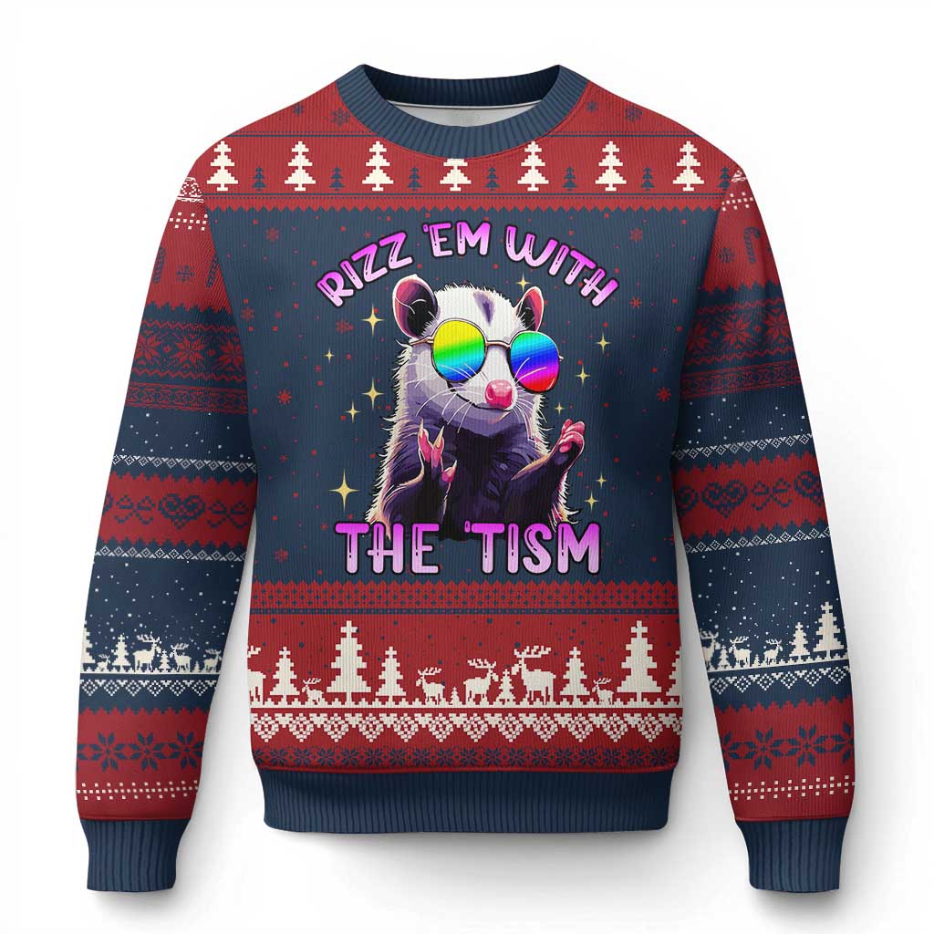 Funny Autism Opossum Ugly Christmas Sweater Rizz Em With The Tism Meme Autistic - Wonder Print Shop