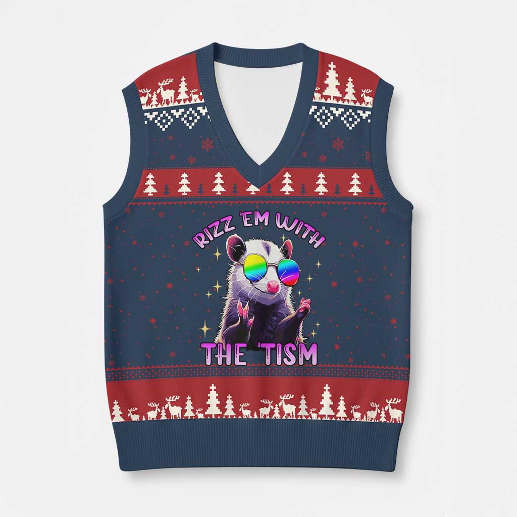 Funny Autism Opossum V-Neck Knit Sweater Vest Rizz Em With The Tism Meme Autistic - Wonder Print Shop