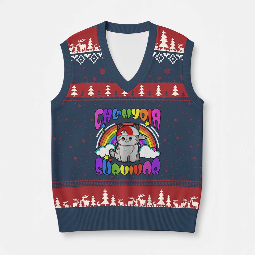 Chlamydia Survivor Cat Meme V-Neck Knit Sweater Vest Funny Y2K Inappropriate Humor - Wonder Print Shop
