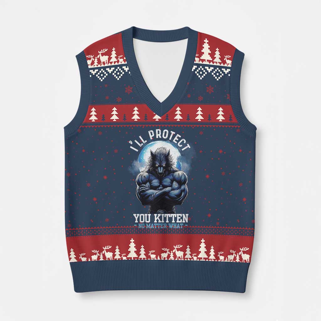 Funny Alpha Wolf Meme V-Neck Knit Sweater Vest I'll Protect You Kitten No Matter What Literally Me Male Werewolf - Wonder Print Shop