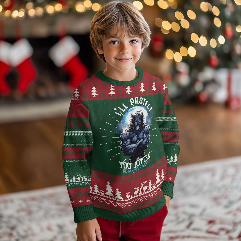 Funny Alpha Wolf Meme Ugly Christmas Sweater I'll Protect You Kitten No Matter What Literally Me Male Werewolf - Wonder Print Shop