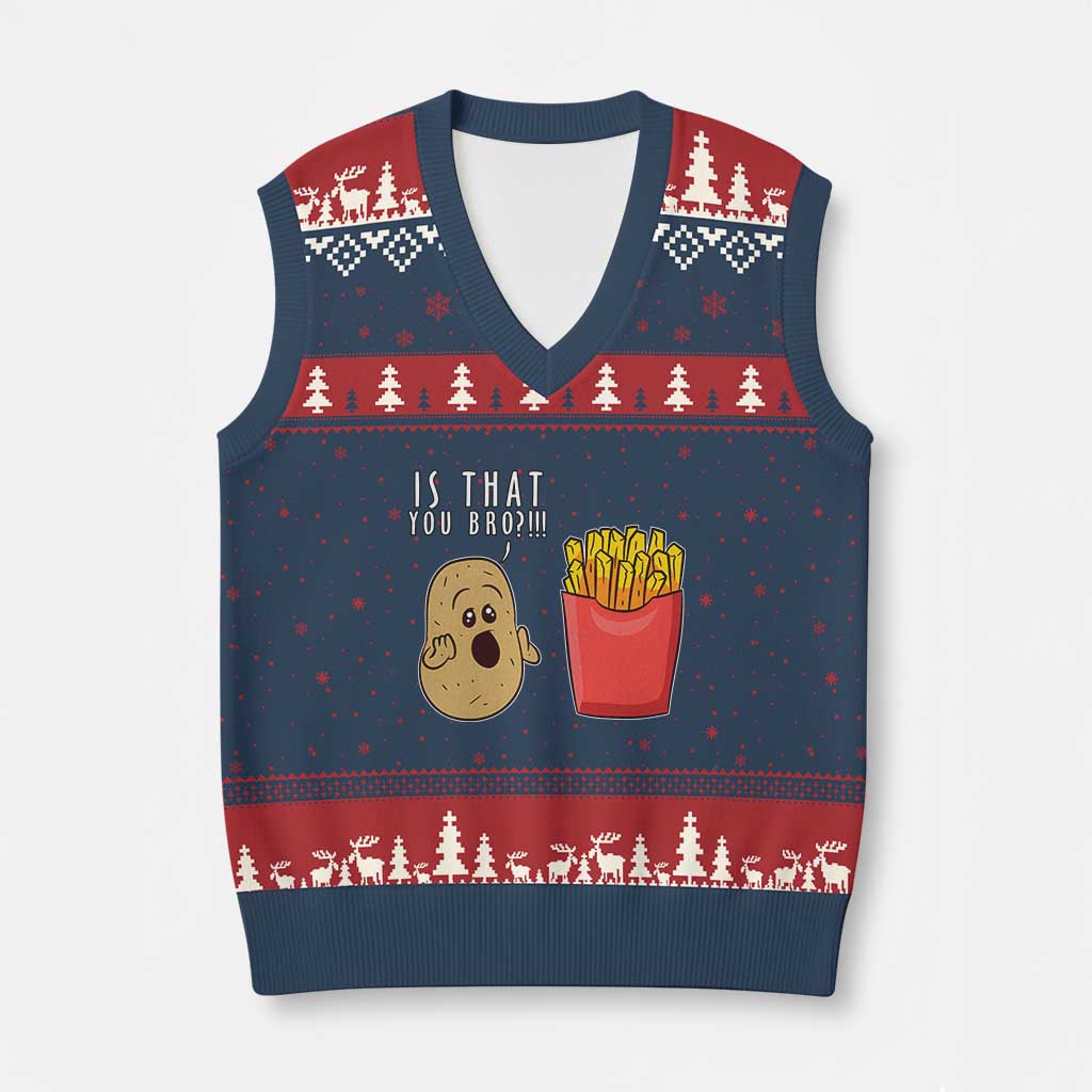 Funny French Fries V-Neck Knit Sweater Vest Potato Is That You Bro Meme Fast Food Fry Lover - Wonder Print Shop