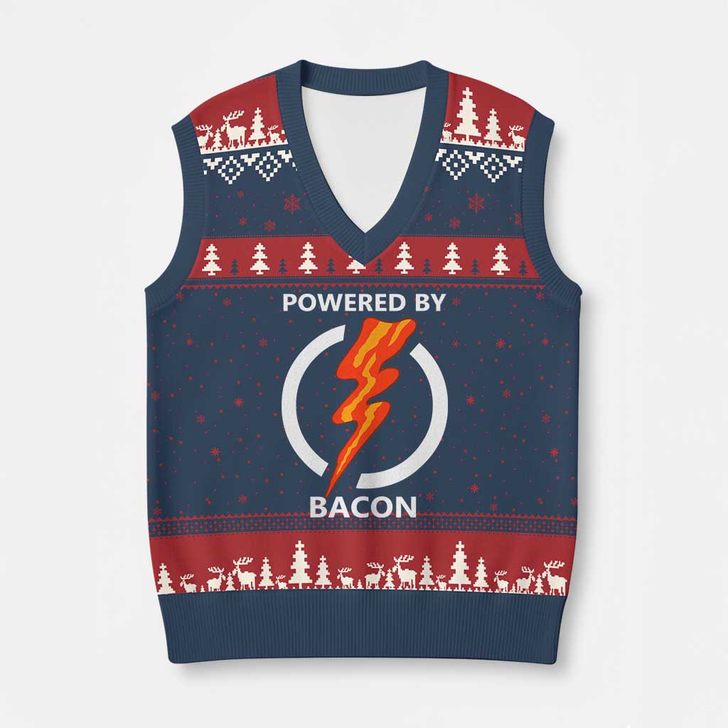 Funny Bacon Lover V-Neck Knit Sweater Vest Powered By Bacon Cured Pork Master - Wonder Print Shop