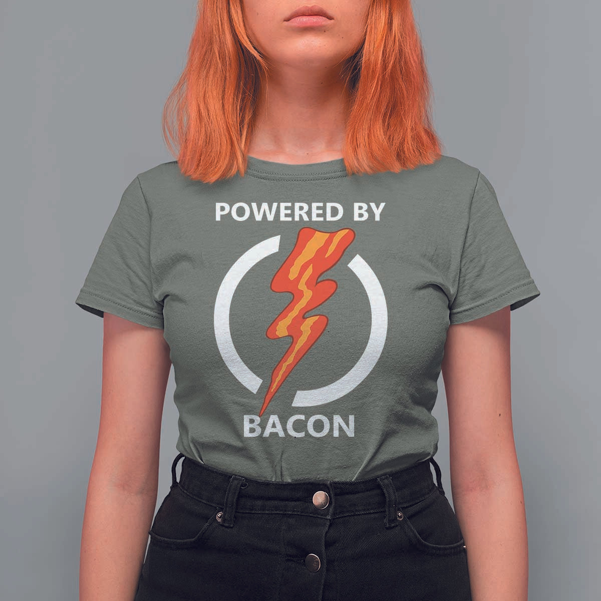 Funny Bacon Lover T Shirt For Women Powered By Bacon Cured Pork Master