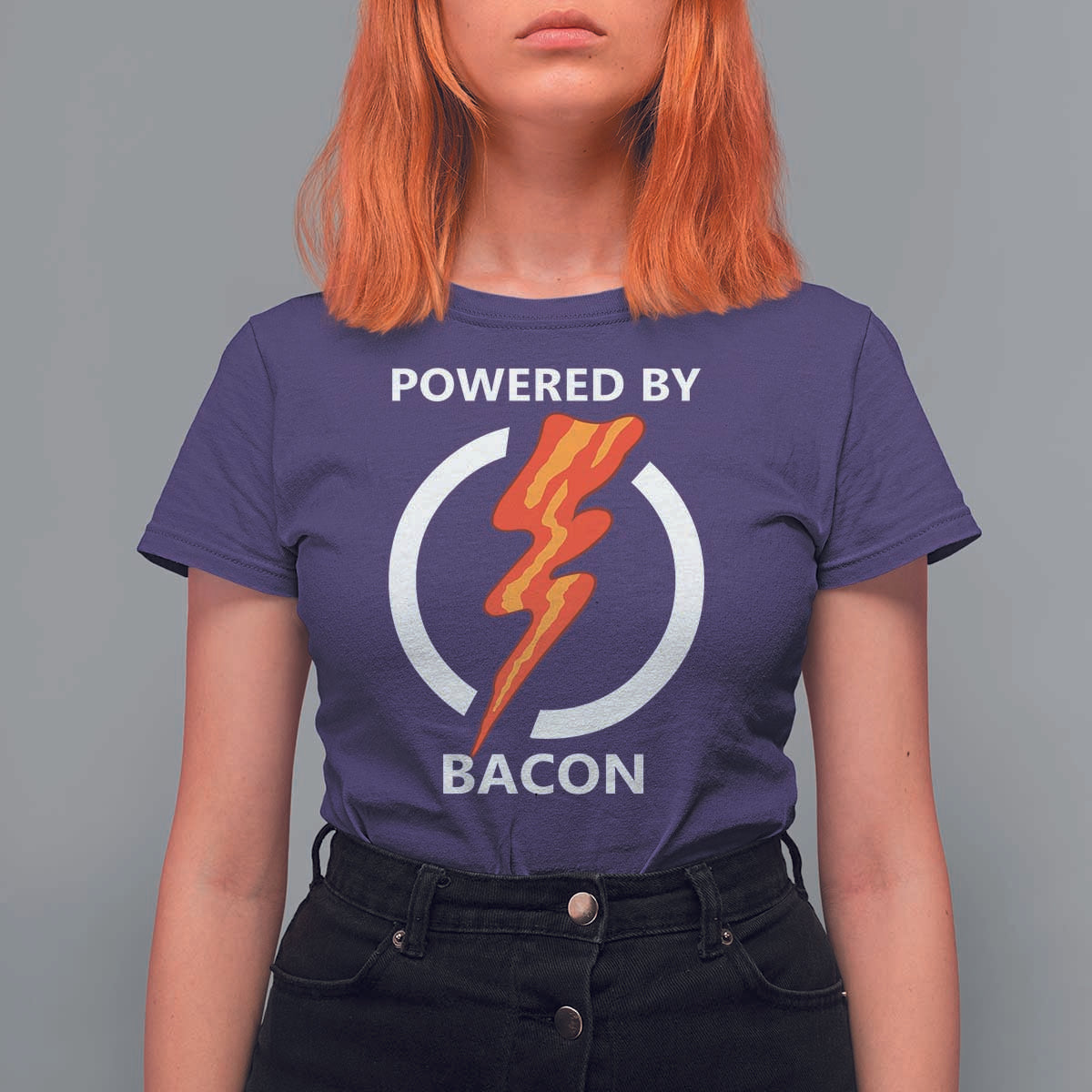 Funny Bacon Lover T Shirt For Women Powered By Bacon Cured Pork Master