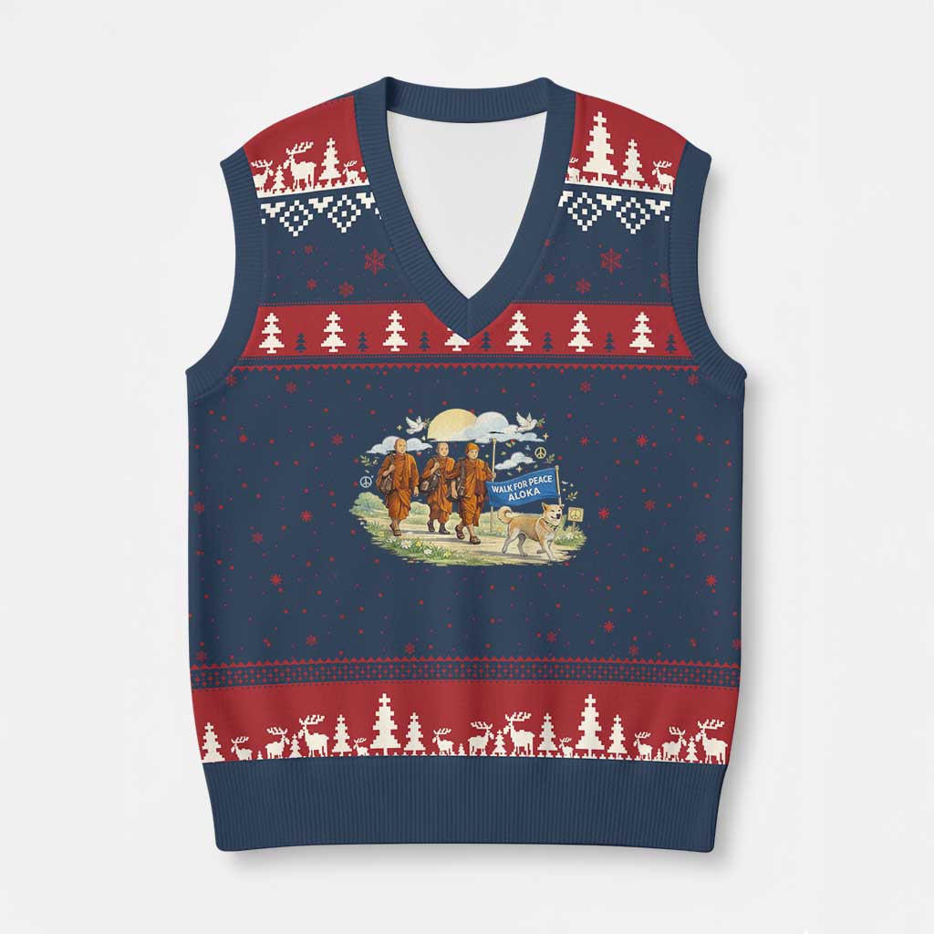 Walk for Peace Monks with Aloka the Dog V-Neck Knit Sweater Vest Spiritual Pilgrimage Buddhist Inspired - Wonder Print Shop