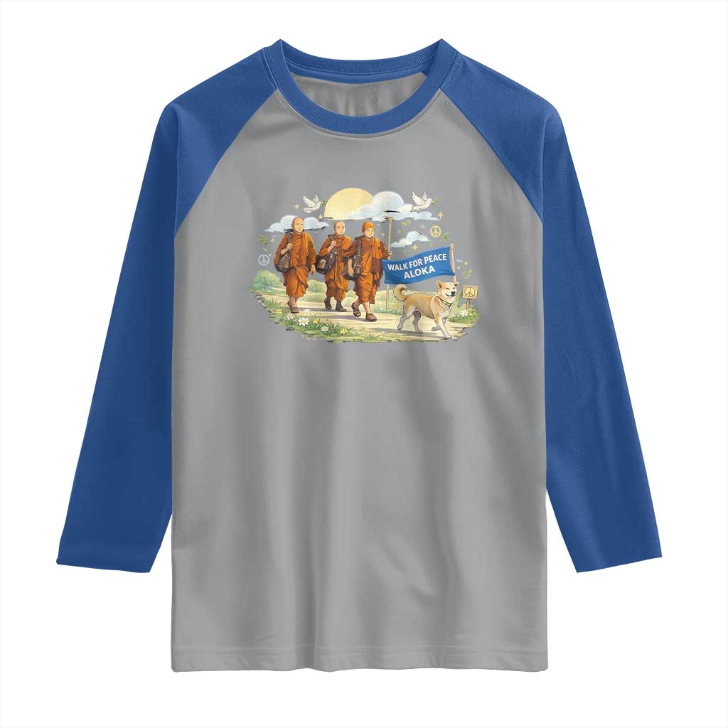 Walk for Peace Monks with Aloka the Dog Raglan Shirt Spiritual Pilgrimage Buddhist Inspired - Wonder Print Shop