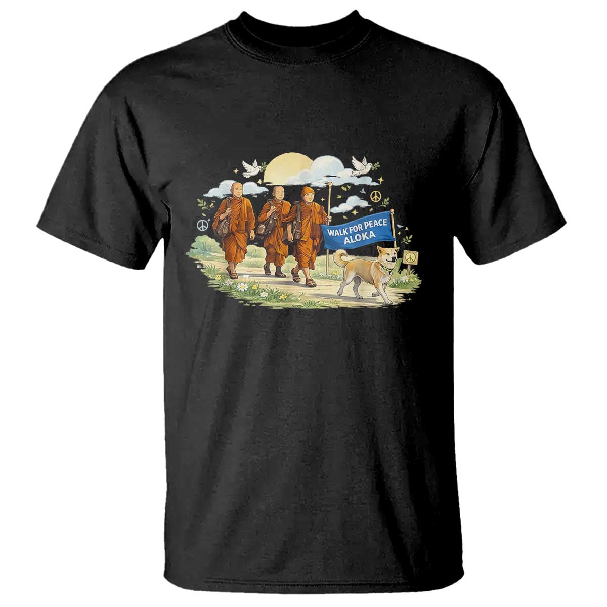 Walk for Peace Monks with Aloka the Dog T Shirt Spiritual Pilgrimage Buddhist Inspired - Wonder Print Shop