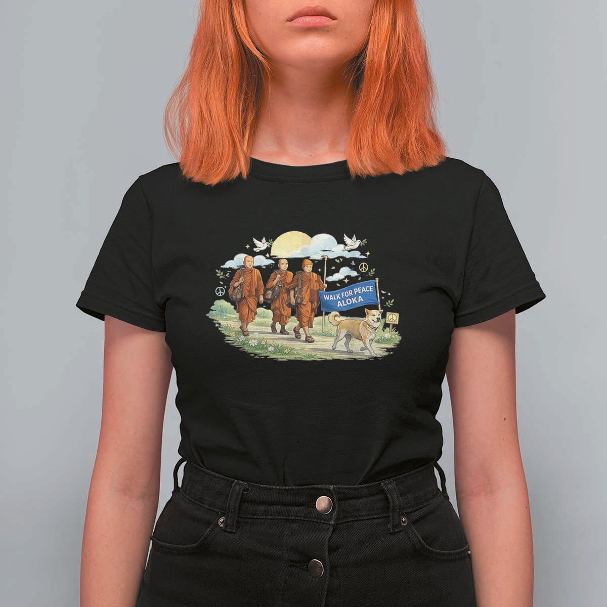 Walk for Peace Monks with Aloka the Dog T Shirt For Women Spiritual Pilgrimage Buddhist Inspired - Wonder Print Shop