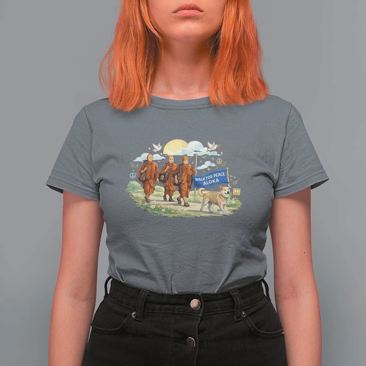 Walk for Peace Monks with Aloka the Dog T Shirt For Women Spiritual Pilgrimage Buddhist Inspired - Wonder Print Shop
