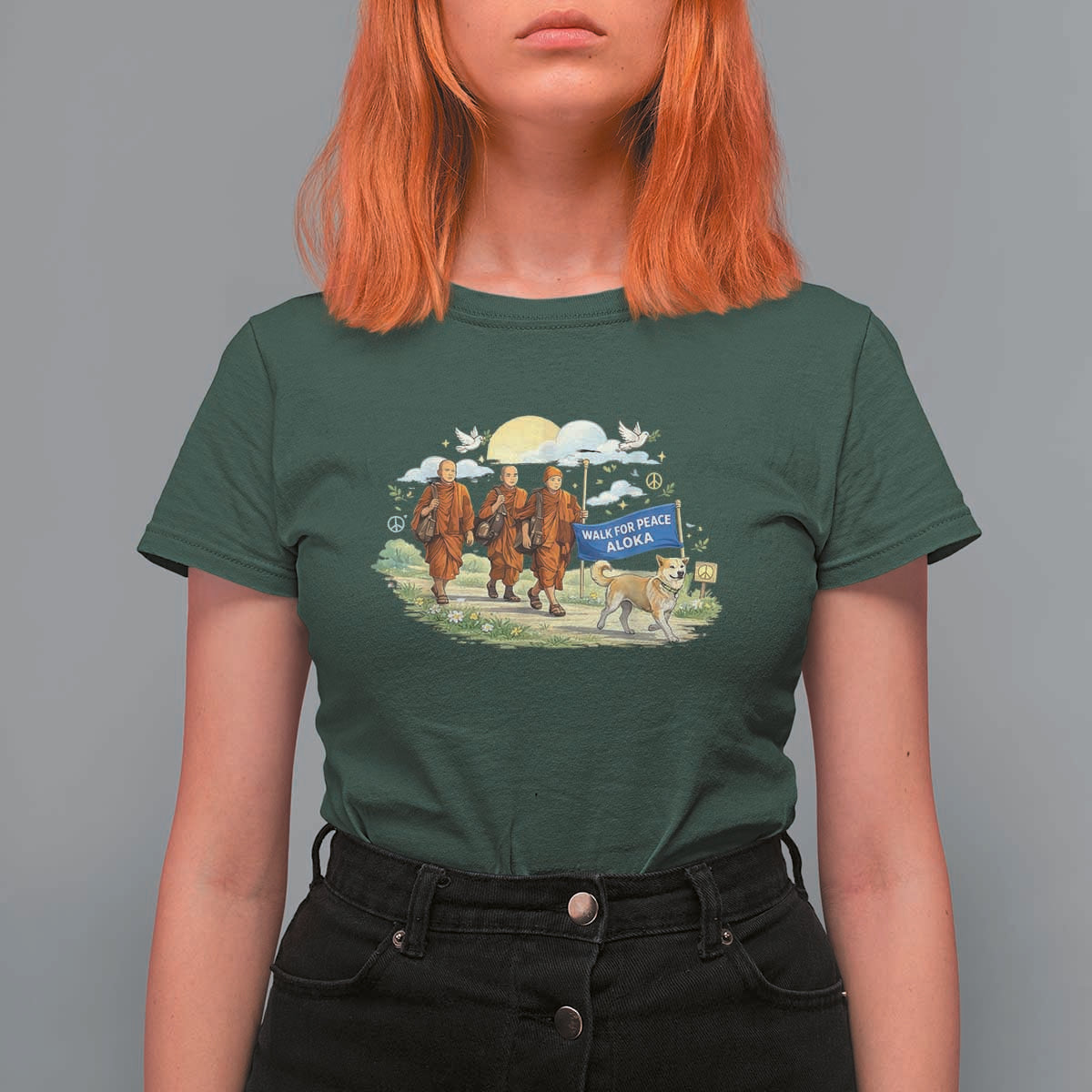 Walk for Peace Monks with Aloka the Dog T Shirt For Women Spiritual Pilgrimage Buddhist Inspired - Wonder Print Shop