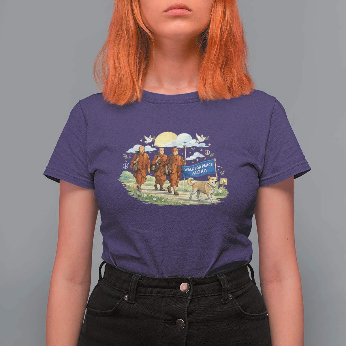 Walk for Peace Monks with Aloka the Dog T Shirt For Women Spiritual Pilgrimage Buddhist Inspired - Wonder Print Shop