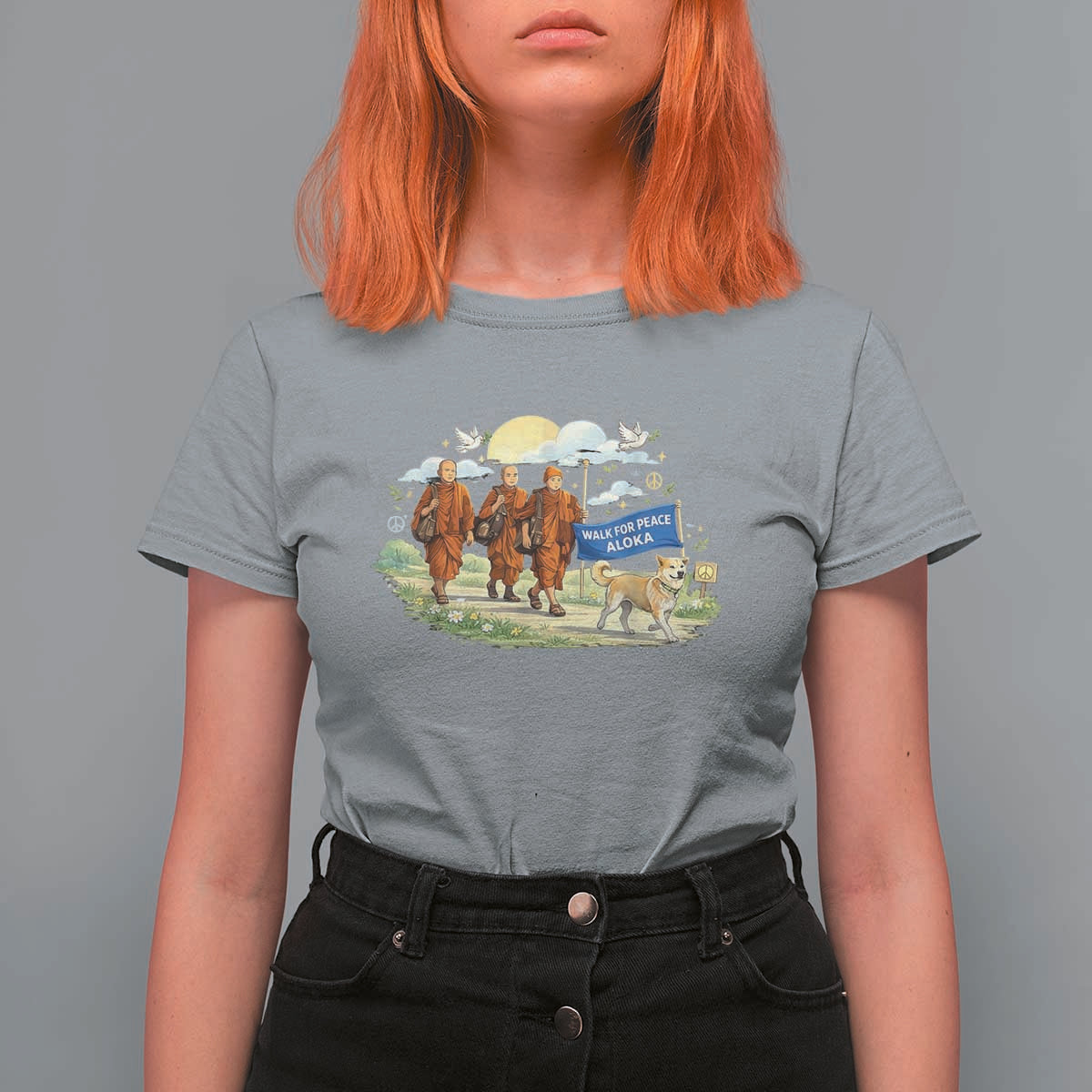 Walk for Peace Monks with Aloka the Dog T Shirt For Women Spiritual Pilgrimage Buddhist Inspired - Wonder Print Shop