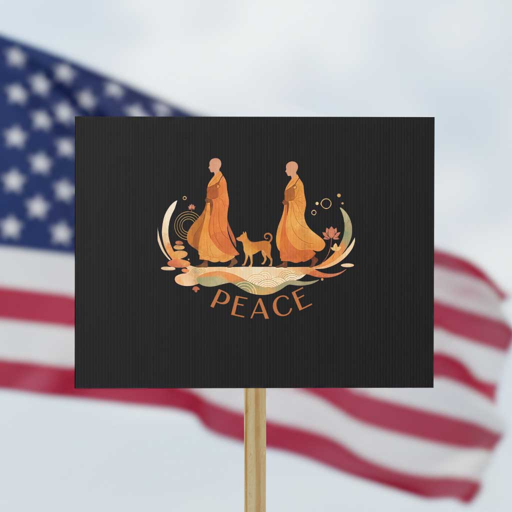 Peaceful Monks Walk with Aloka the Dog Protest Sign Zen Art Buddhism Harmony