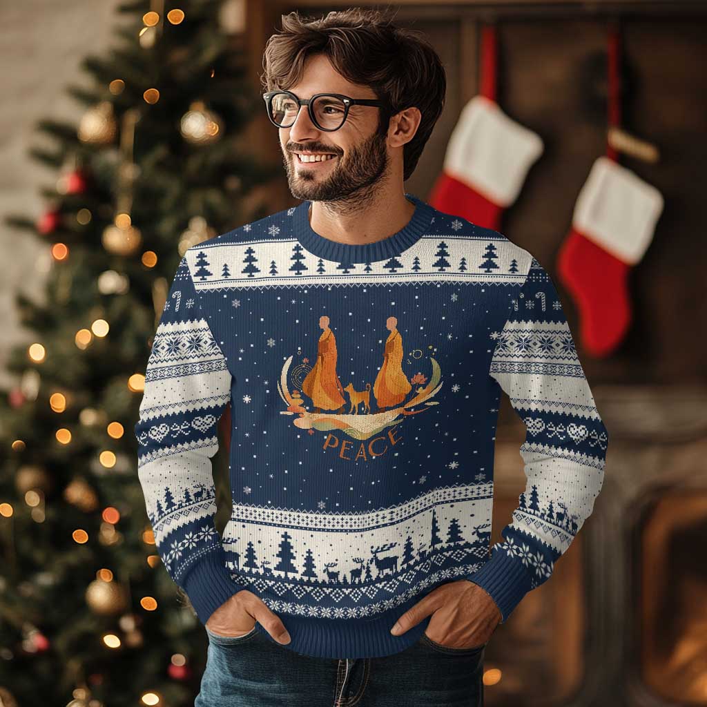 Peaceful Monks Walk with Aloka the Dog Ugly Christmas Sweater Zen Art Buddhism Harmony - Wonder Print Shop