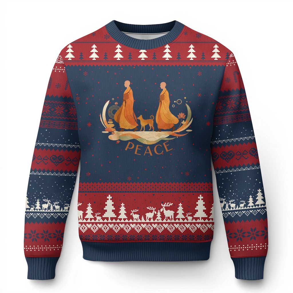 Peaceful Monks Walk with Aloka the Dog Ugly Christmas Sweater Zen Art Buddhism Harmony - Wonder Print Shop