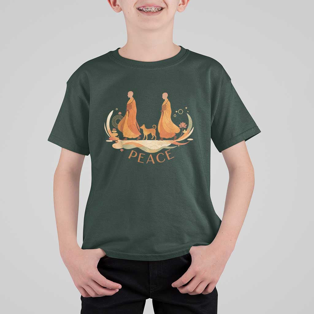 Peaceful Monks Walk with Aloka the Dog T Shirt For Kid Zen Art Buddhism Harmony - Wonder Print Shop
