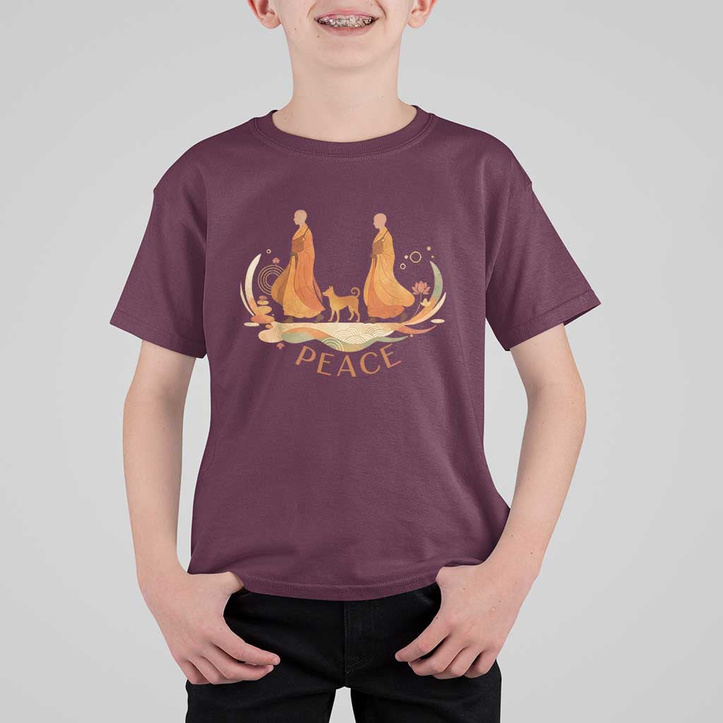 Peaceful Monks Walk with Aloka the Dog T Shirt For Kid Zen Art Buddhism Harmony - Wonder Print Shop