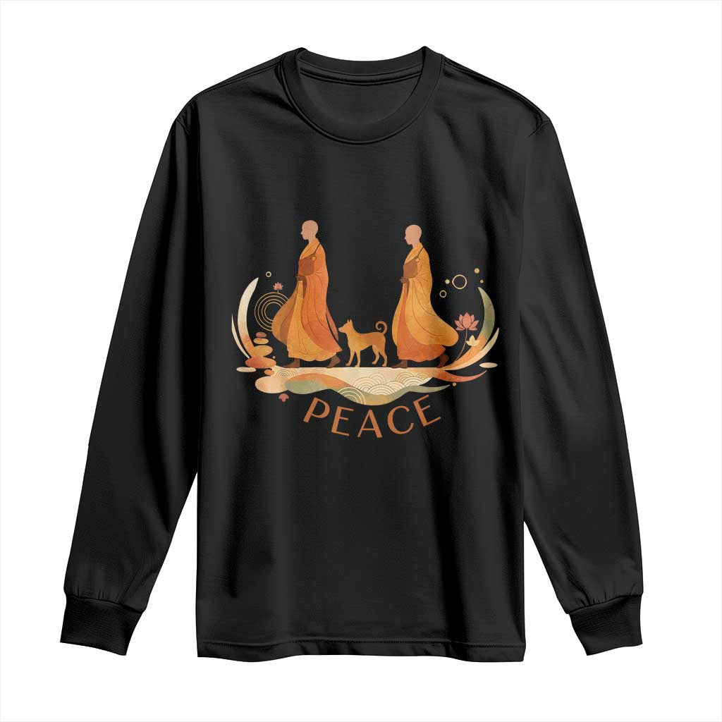 Peaceful Monks Walk with Aloka the Dog Long Sleeve Shirt Zen Art Buddhism Harmony - Wonder Print Shop
