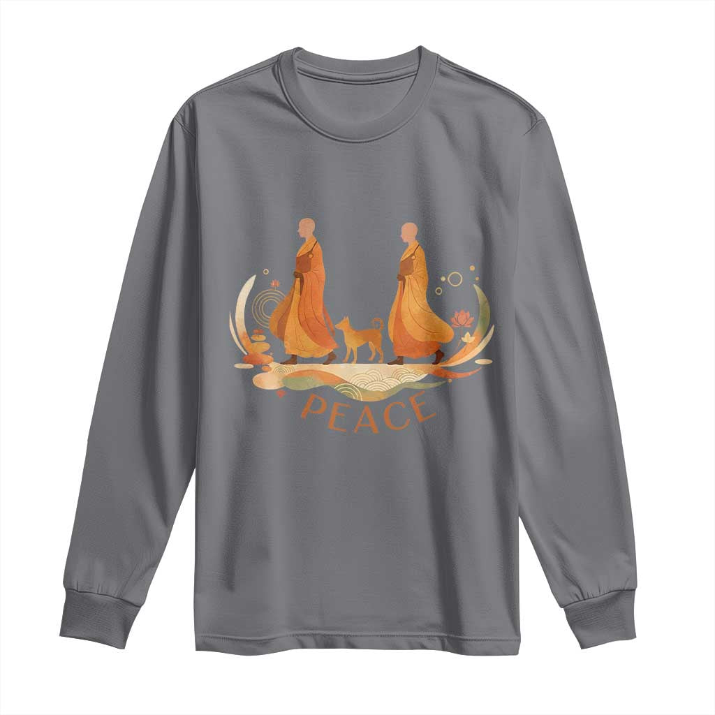 Peaceful Monks Walk with Aloka the Dog Long Sleeve Shirt Zen Art Buddhism Harmony - Wonder Print Shop