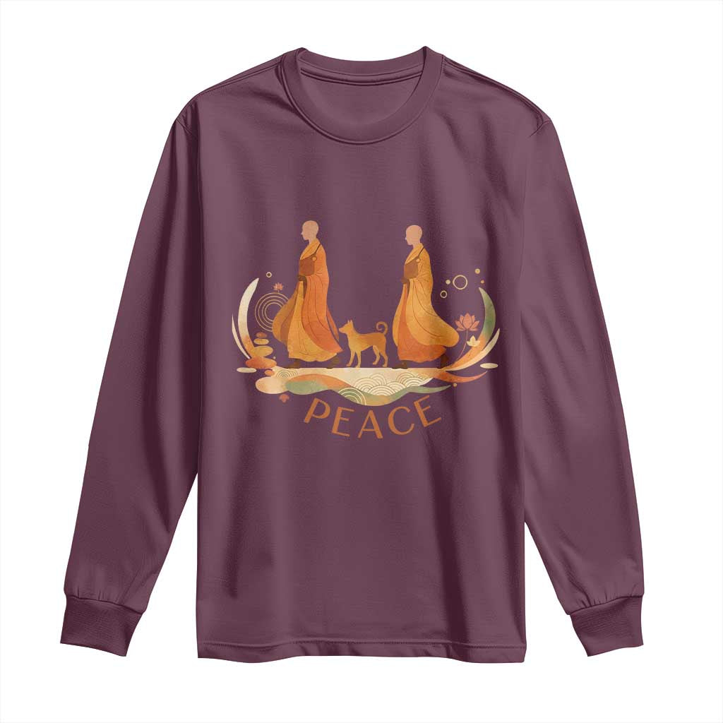 Peaceful Monks Walk with Aloka the Dog Long Sleeve Shirt Zen Art Buddhism Harmony - Wonder Print Shop