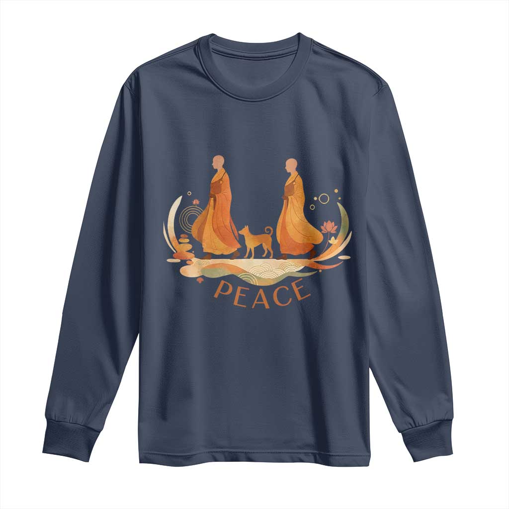 Peaceful Monks Walk with Aloka the Dog Long Sleeve Shirt Zen Art Buddhism Harmony - Wonder Print Shop