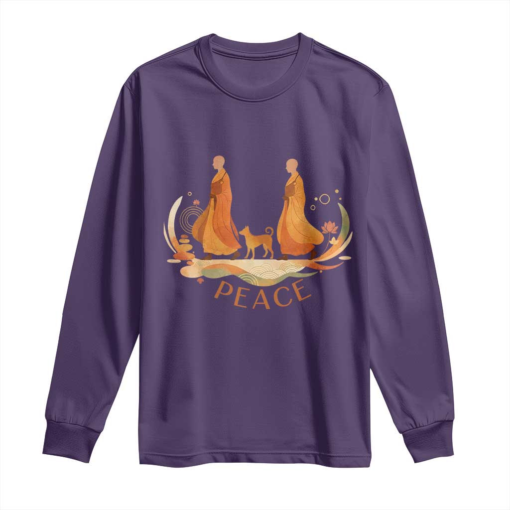 Peaceful Monks Walk with Aloka the Dog Long Sleeve Shirt Zen Art Buddhism Harmony - Wonder Print Shop